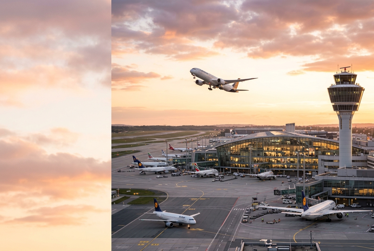 Airport terminal at sunset
